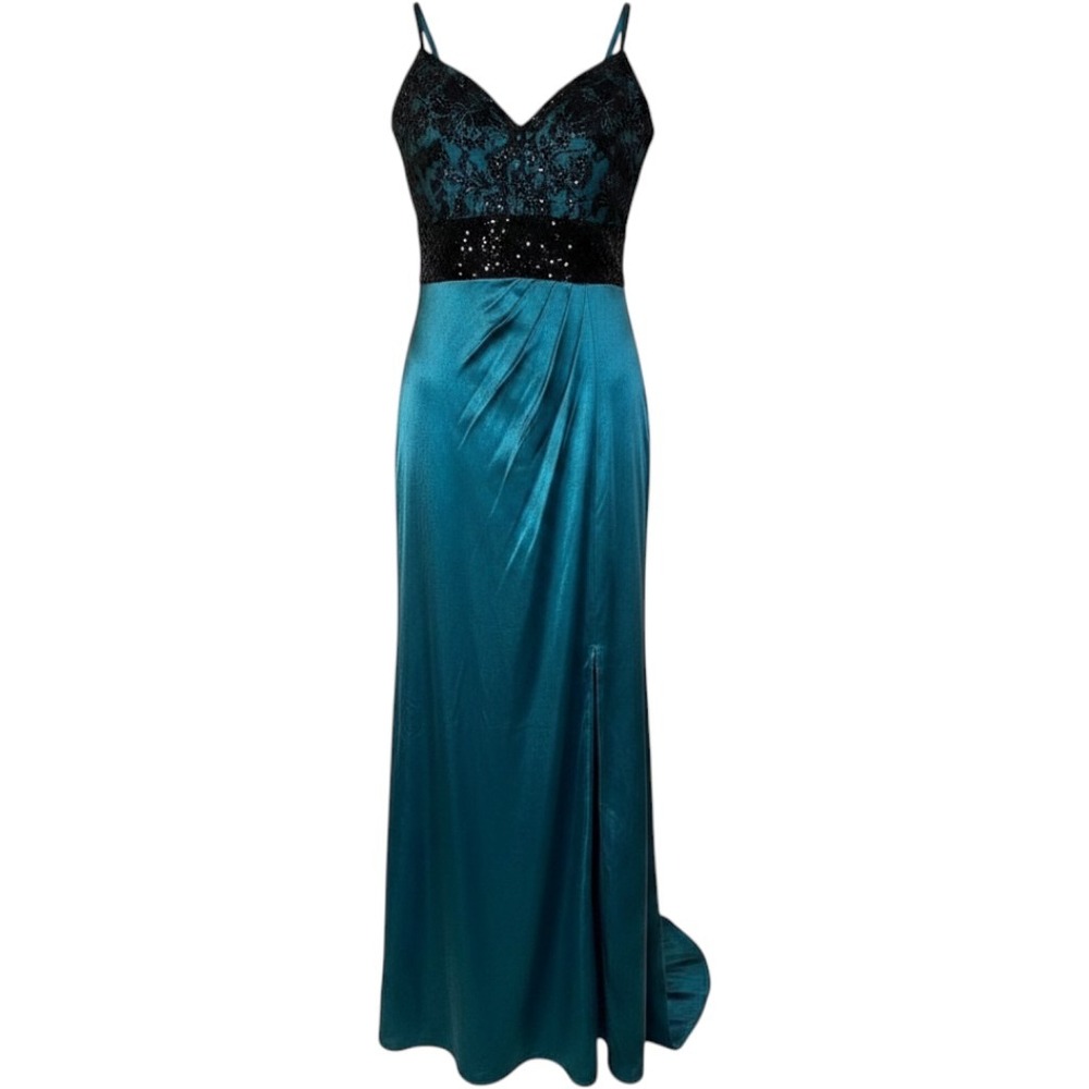 Flirt by Maggie Sottero Evening Gown 0 Women Teal Black Lace Beaded Satin